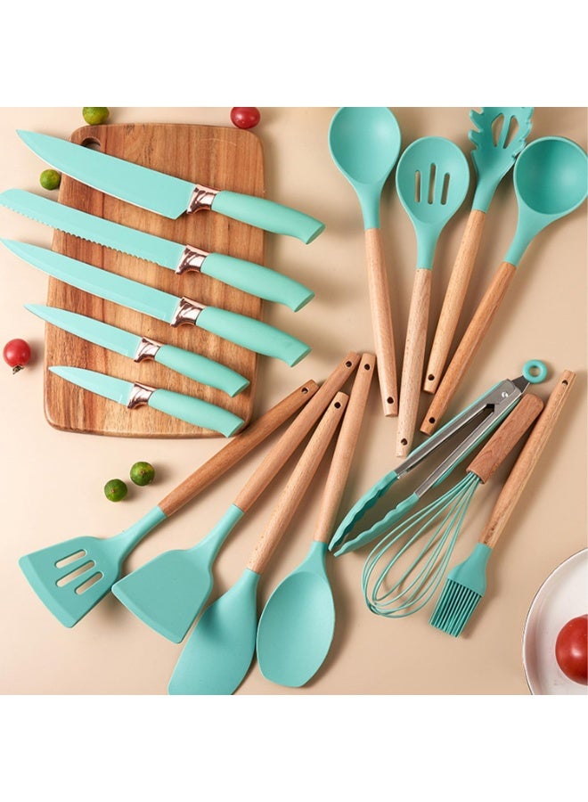 DubaiGallery Complete Cooking Tool 19Pcs Set Including Knives, Spatulas, Whisks, Tongs, Cutting Board, Storage Holder, Soft Mint Green Silicone, Natural Wood Texture, Clean Background Composition, Everyday Kitchen Functionality - Image 5